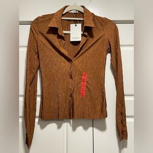 NWT Pull&Bear Women's Brown Crinkled Button-Down Shirt